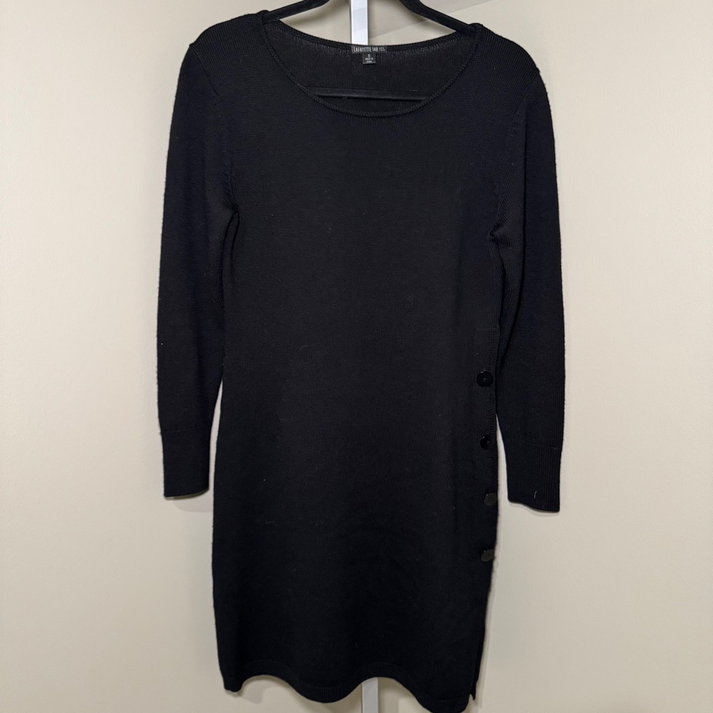 Lafayette‎ 148 New York Black Ribbed Wool Button Detail Sweater Dress Size S